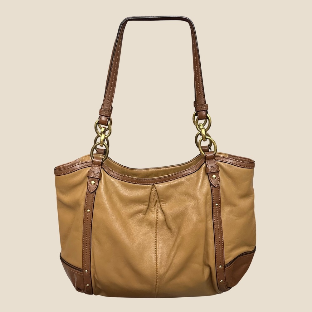 Coach F20812 Alexandra Gold Chain Brown and Camel Leather Tote Medium